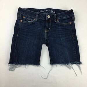 American Eagle Outfitters Womens Skinny Jean Shorts Blue Stretch Frayed Hem 4